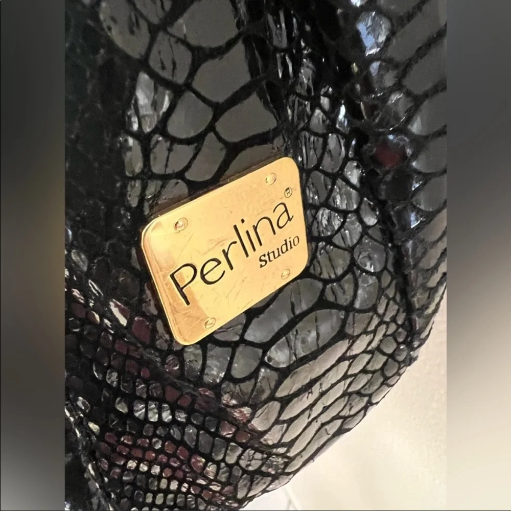 NWOT PERLINA BLACK SNAKESKIN EMBOSSED Hobo Bag w/Bow Sash